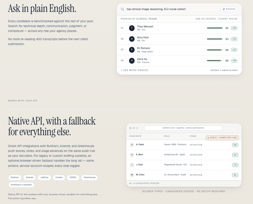 Oasis plain-English candidate search and ATS integration screens